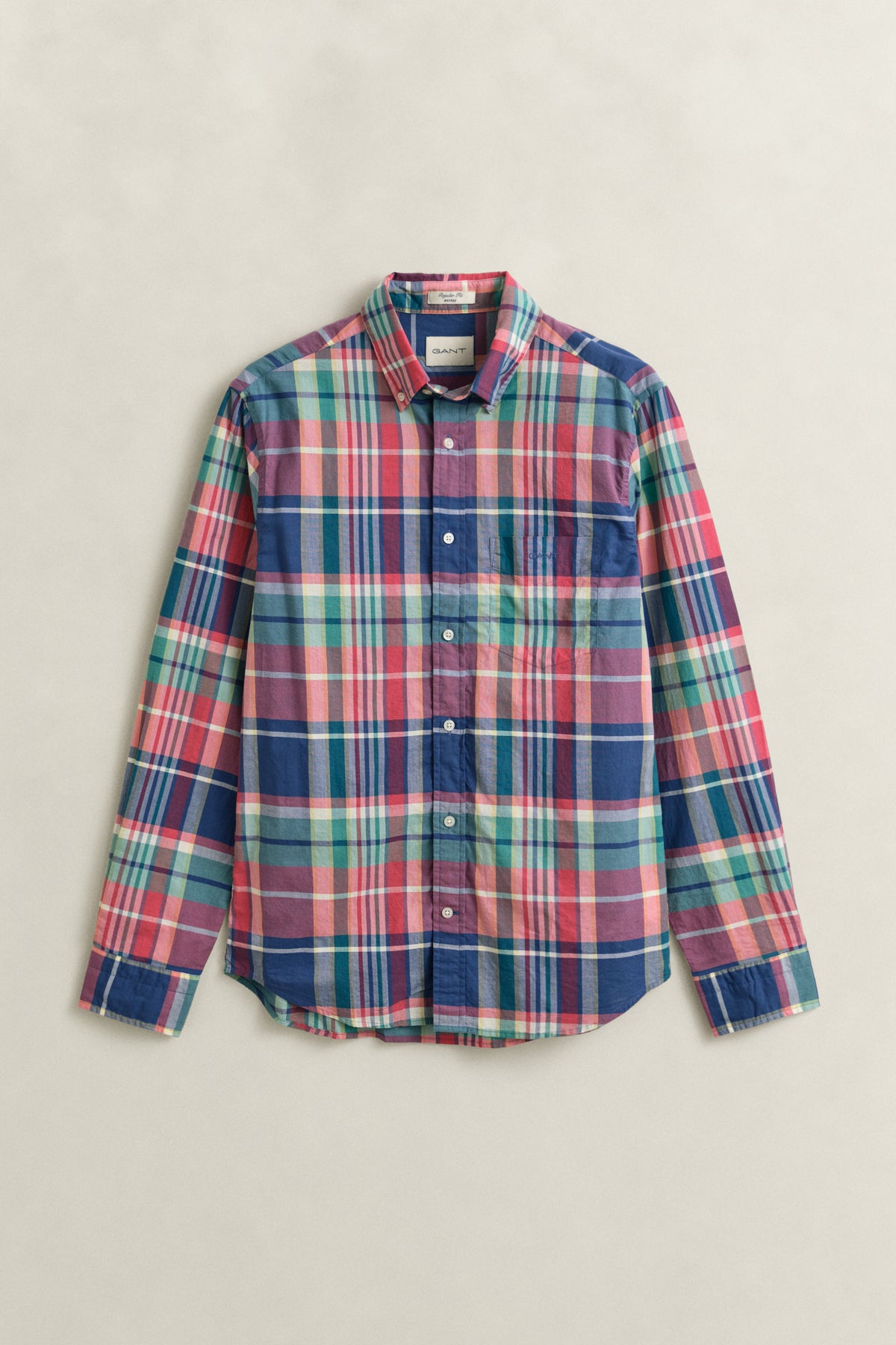 ROSE RED, REG INDIAN MADRAS CHECK SHIRT, FLAT-LAY BY GANT AU.