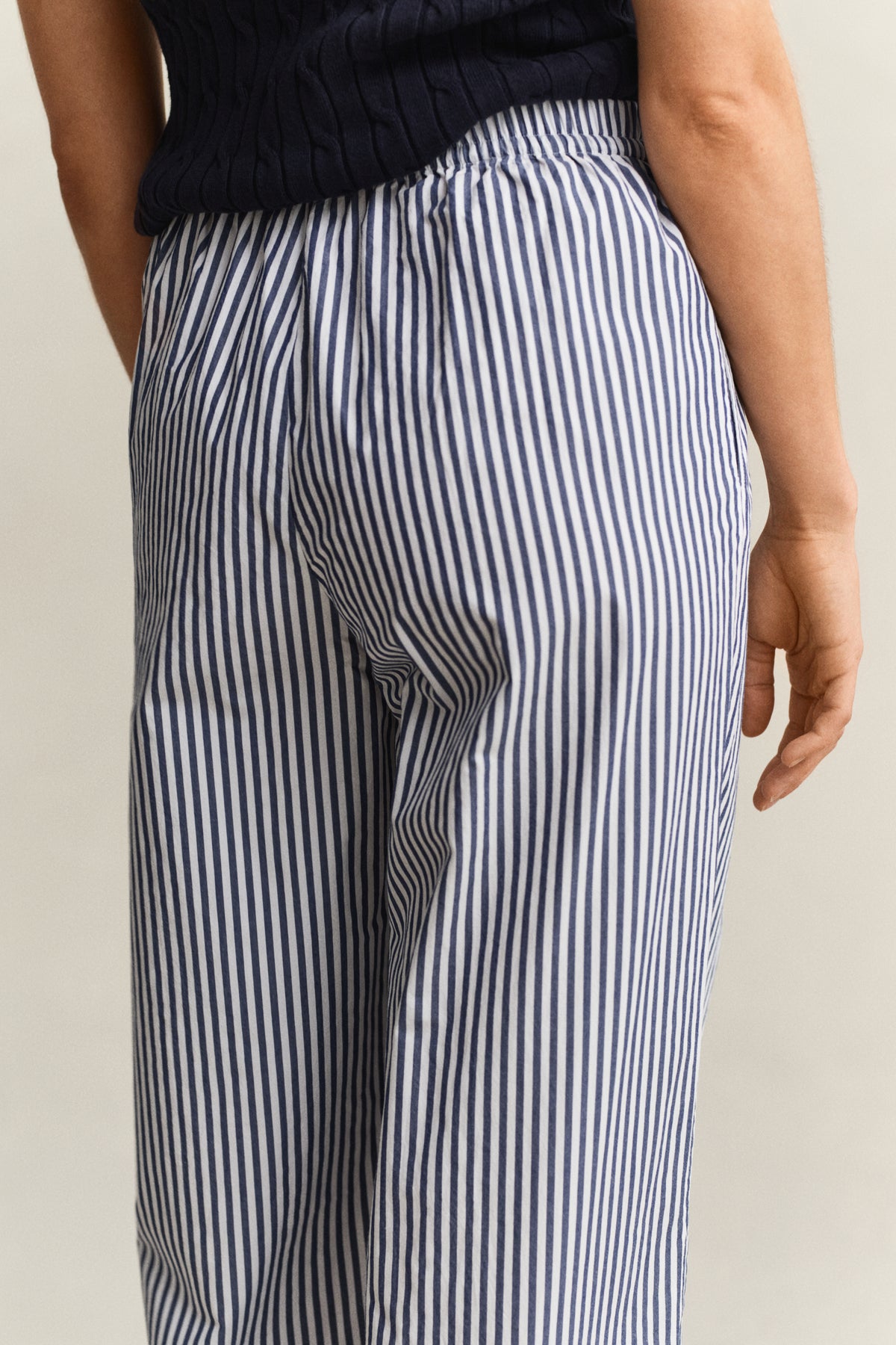 MODEL WEARING STRIPE POPLIN PULL ON PANTS