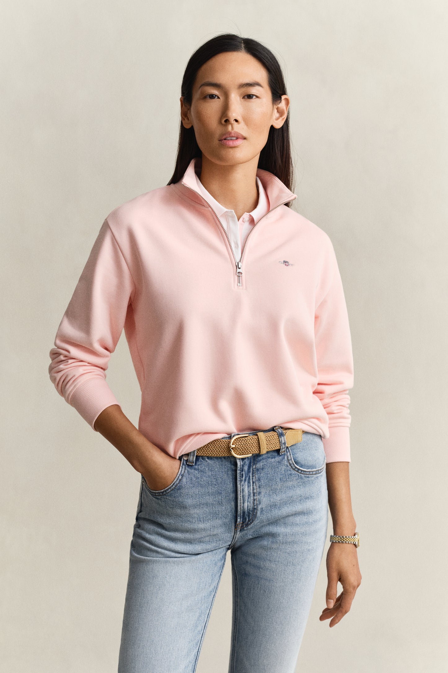 APRICOT PINK, SHIELD HALF-ZIP, FRONT-VIEW BY GANT AU.