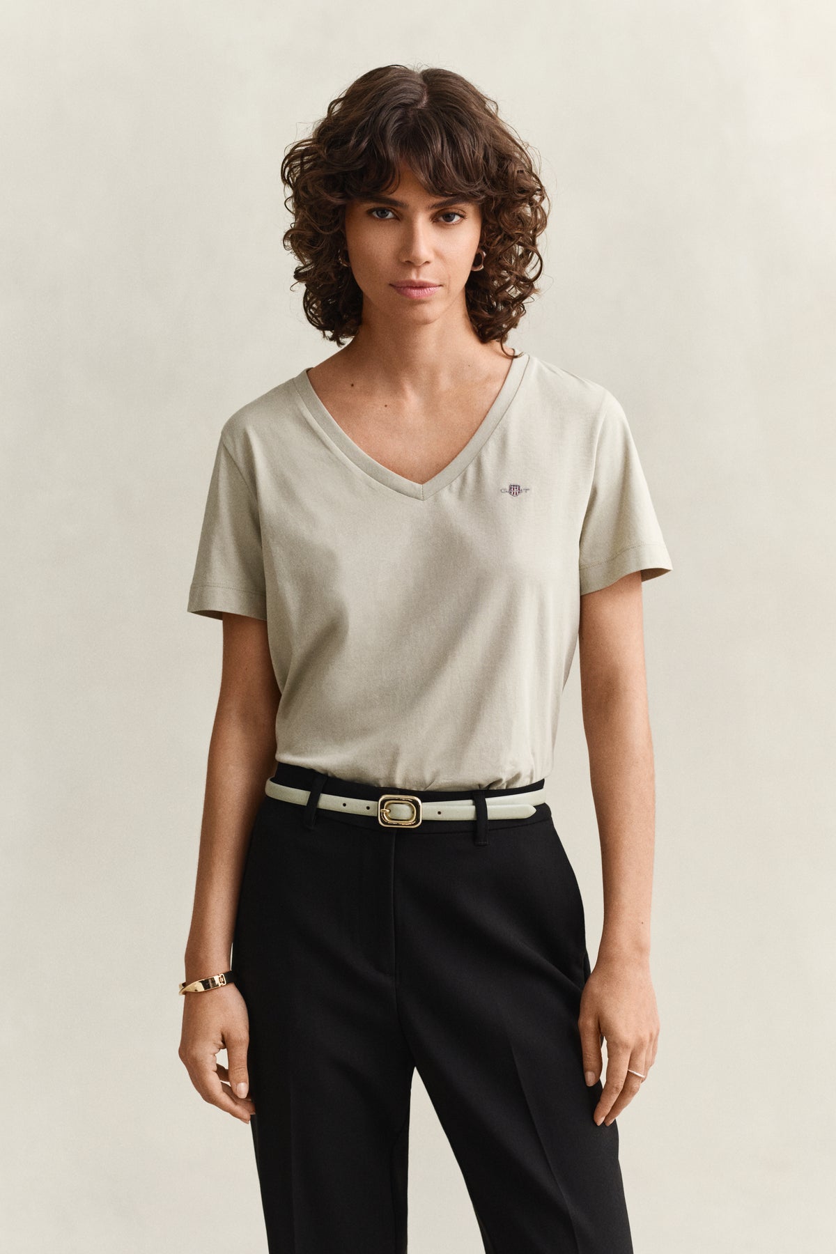 COUNTRY BEIGE, REG SHIELD SS V-NECK T-SHIRT, FRONT-VIEW BY GANT AU.