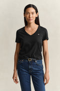 BLACK, REG SHIELD SS V-NECK T-SHIRT, FRONT-VIEW BY GANT AU.