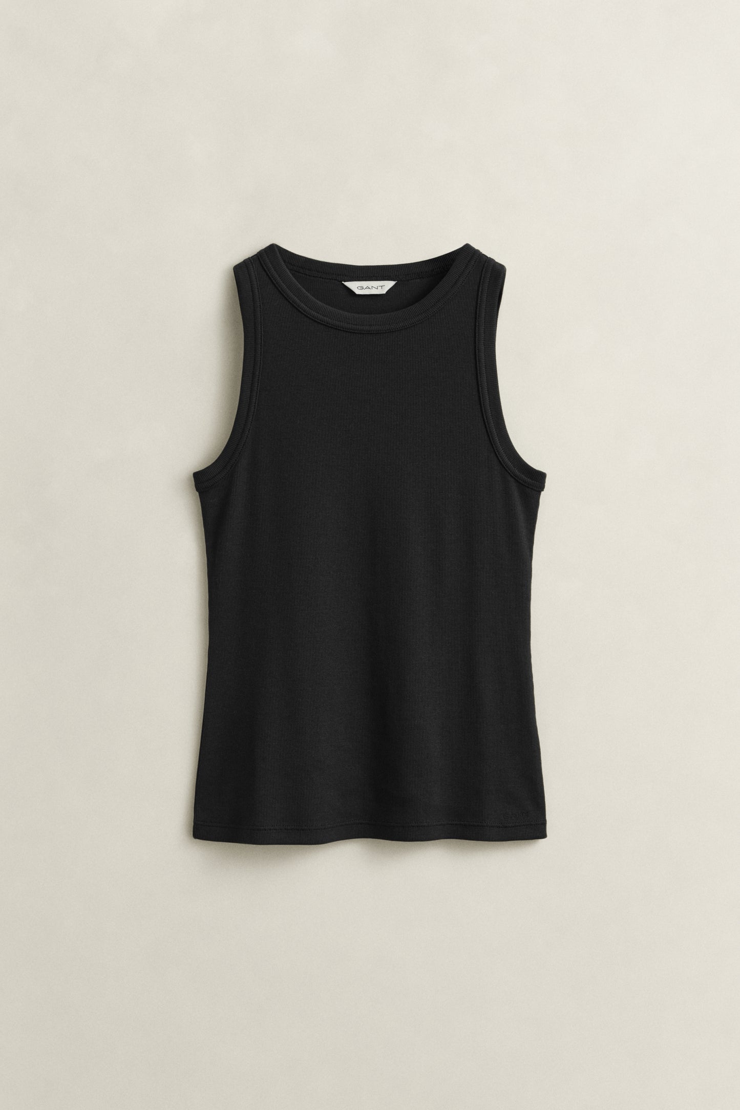 BLACK, HIGH NECK RIB TANK TOP, FLAT-LAY BY GANT AU.