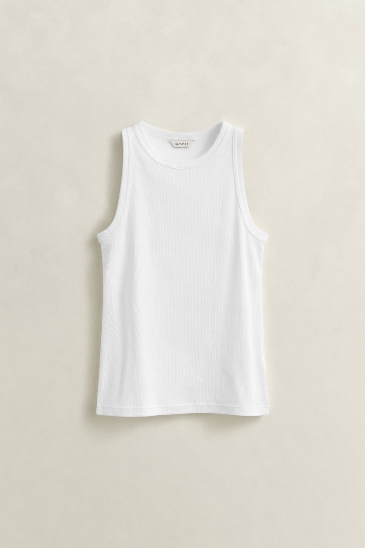 WHITE, HIGH NECK RIB TANK TOP, FLAT-LAY BY GANT AU.