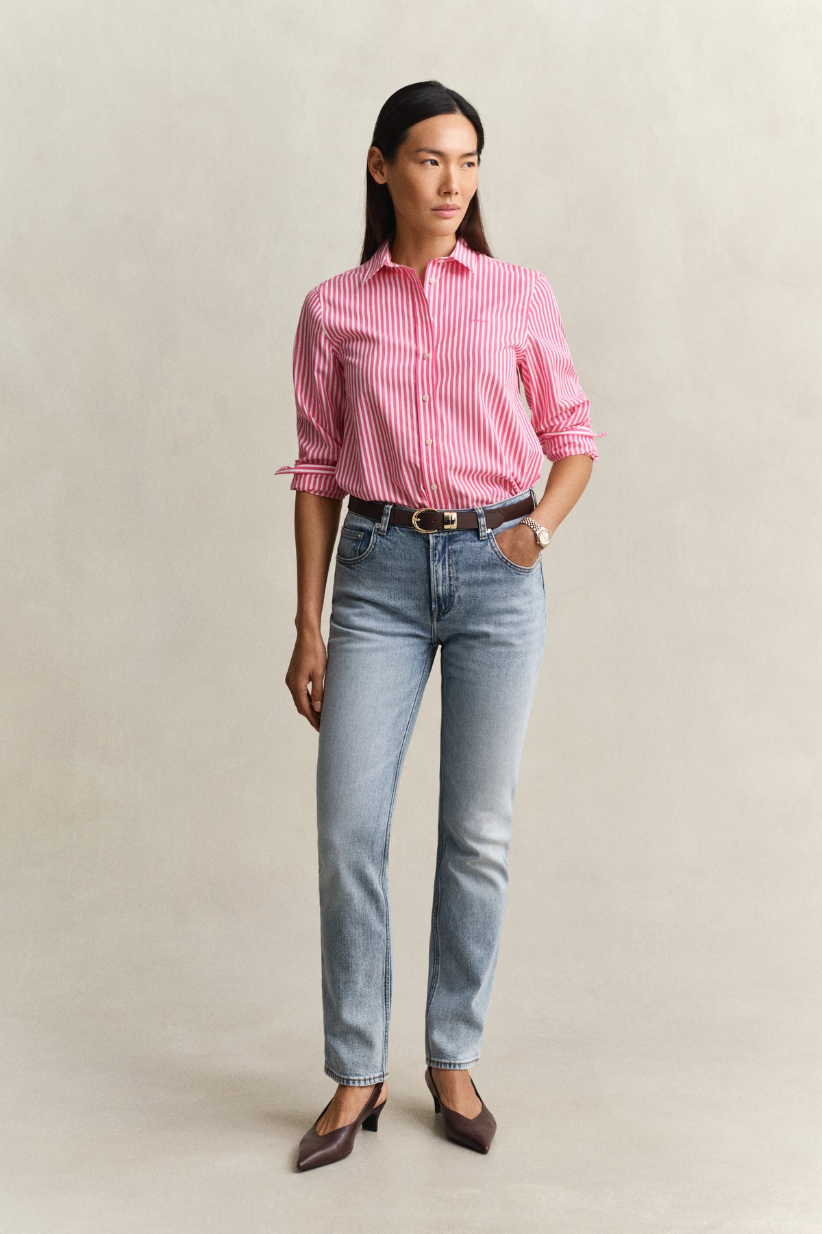 BRIGHT FUSCHIA, REG CLASSIC POPLIN STRIPED SHIRT BY GANT AU.