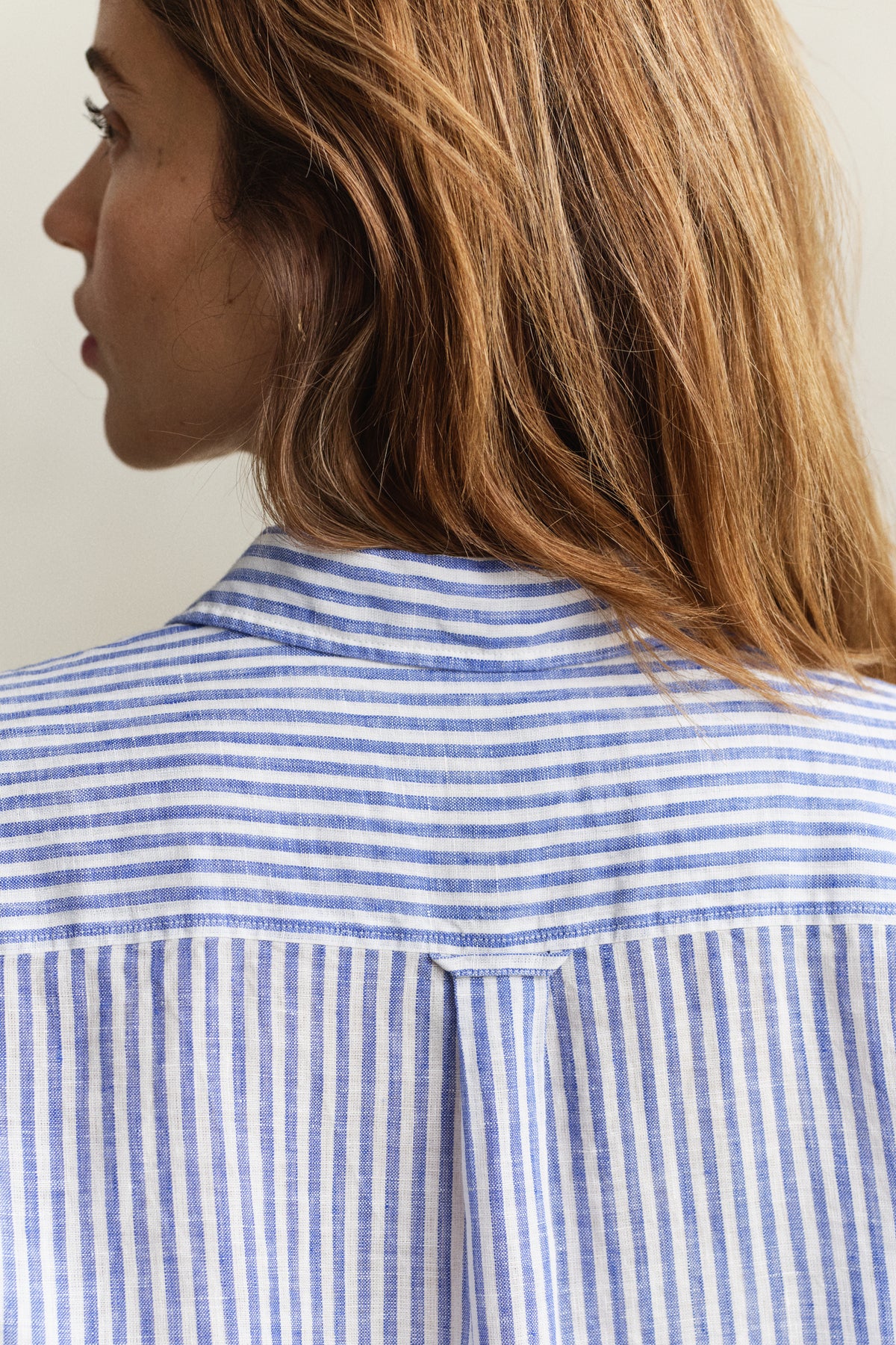 MODEL WEARING REG STRIPED LINEN LS SHIRT