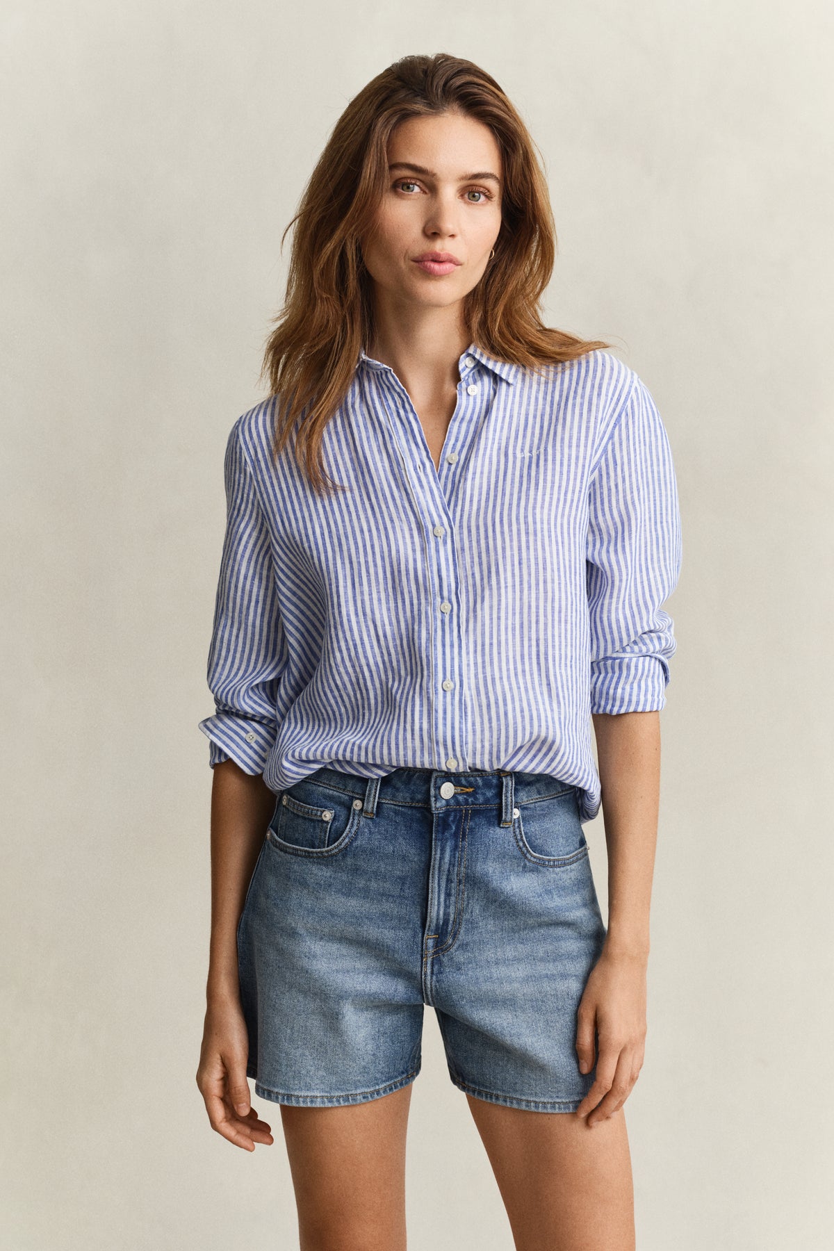 ROYAL BLUE, REG STRIPED LINEN LS SHIRT, FRONT-VIEW BY GANT AU.