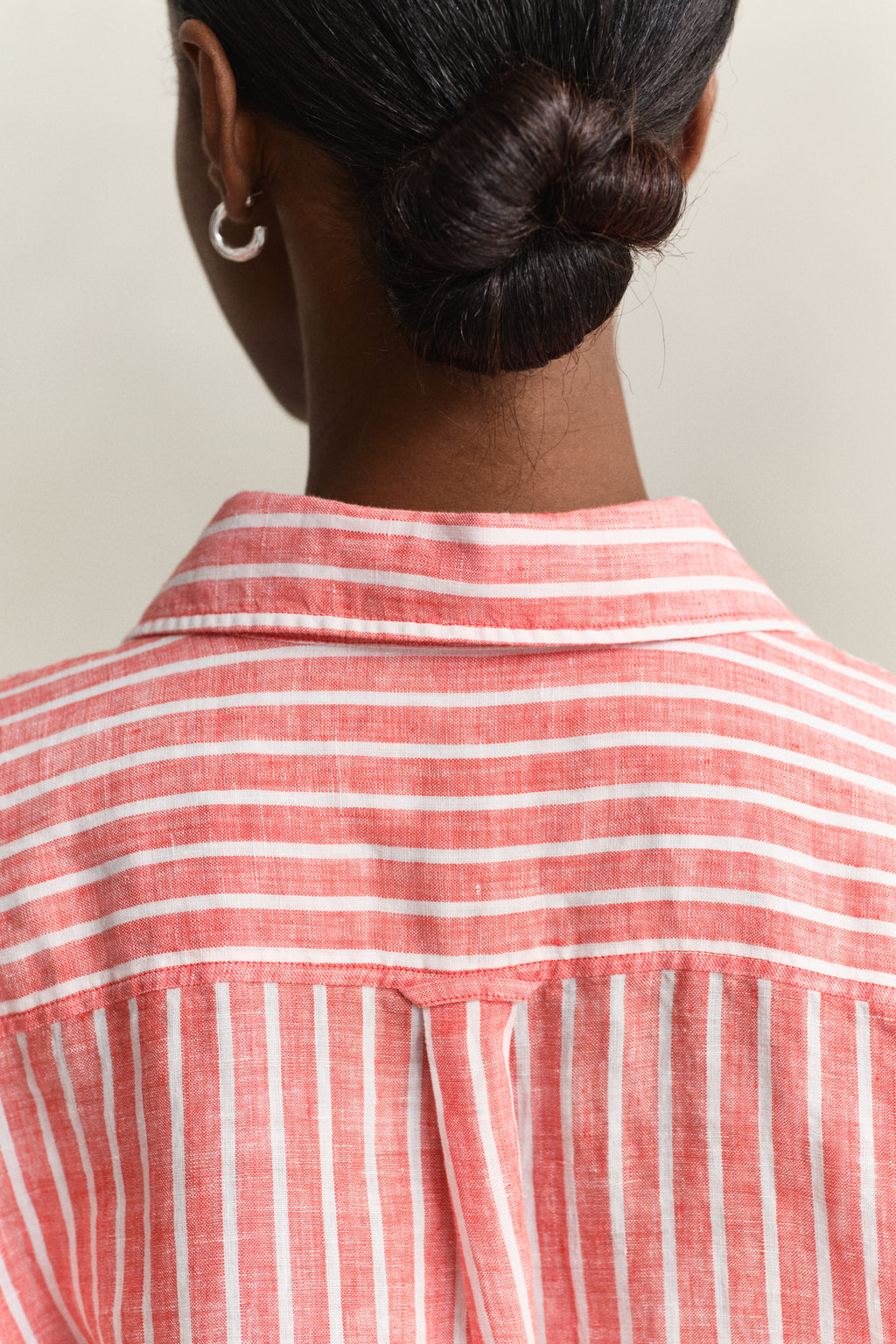 MODEL WEARING REL STRIPED LINEN LS SHIRT