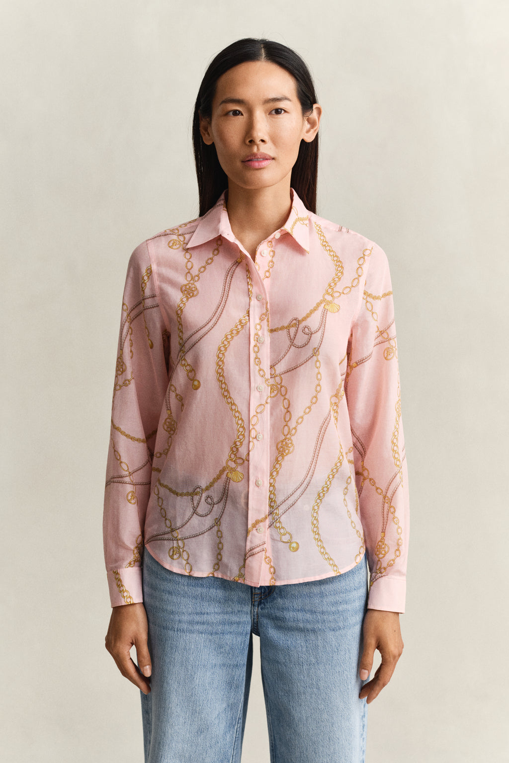 MODEL WEARING REG PRINTED CTN SILK LS SHIRT