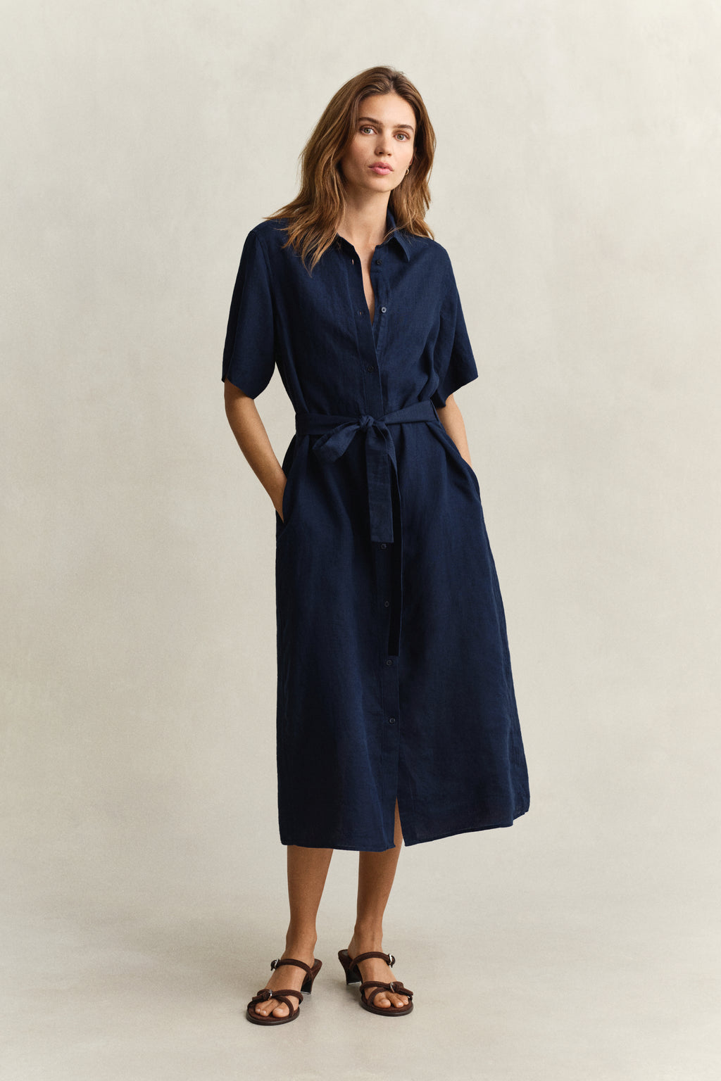 EVENING BLUE, LINEN SS SHIRT DRESS, FRONT-VIEW BY GANT AU.