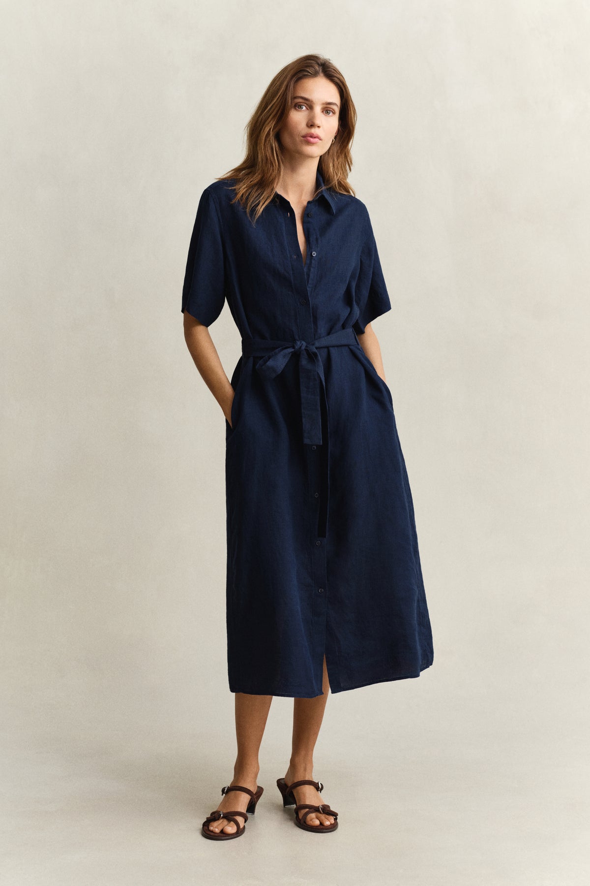 EVENING BLUE, LINEN SS SHIRT DRESS, FRONT-VIEW BY GANT AU.