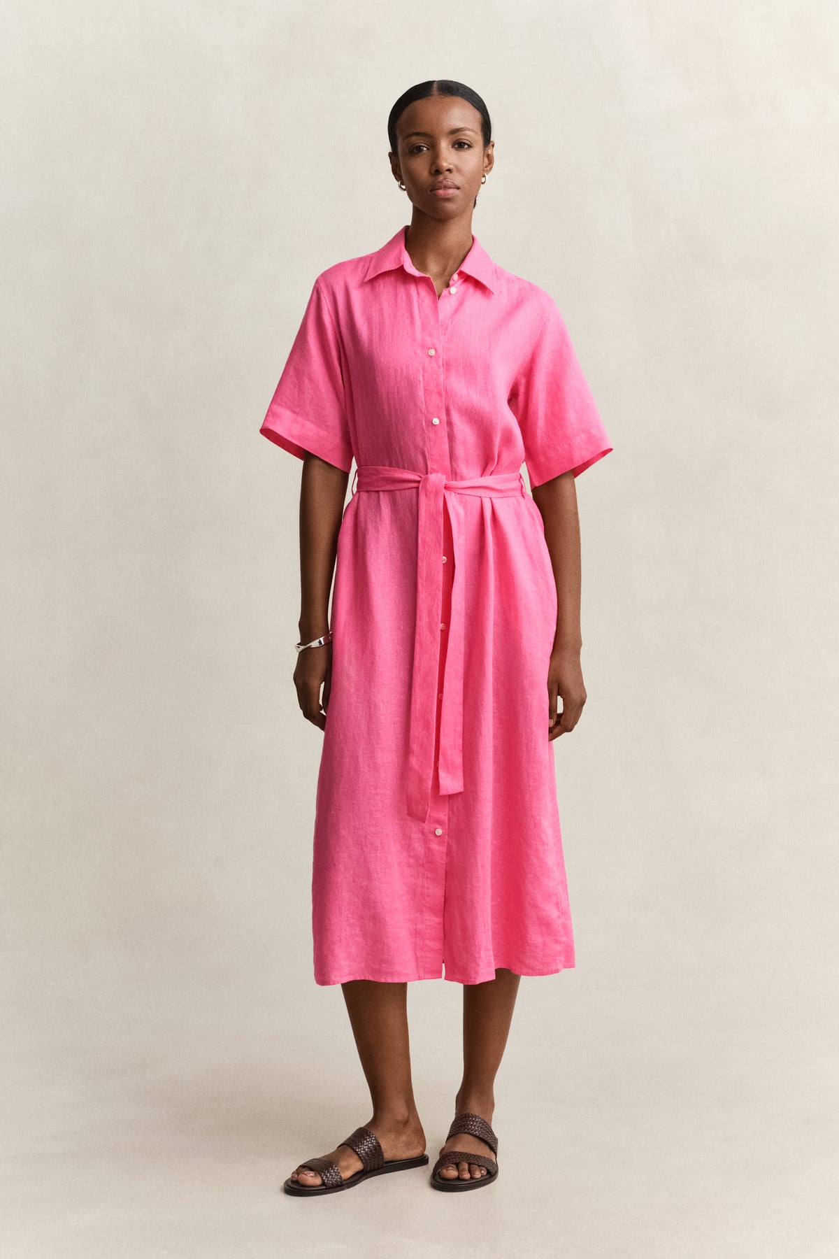 BRIGHT FUSCHIA, LINEN SS SHIRT DRESS, FRONT-VIEW BY GANT AU.