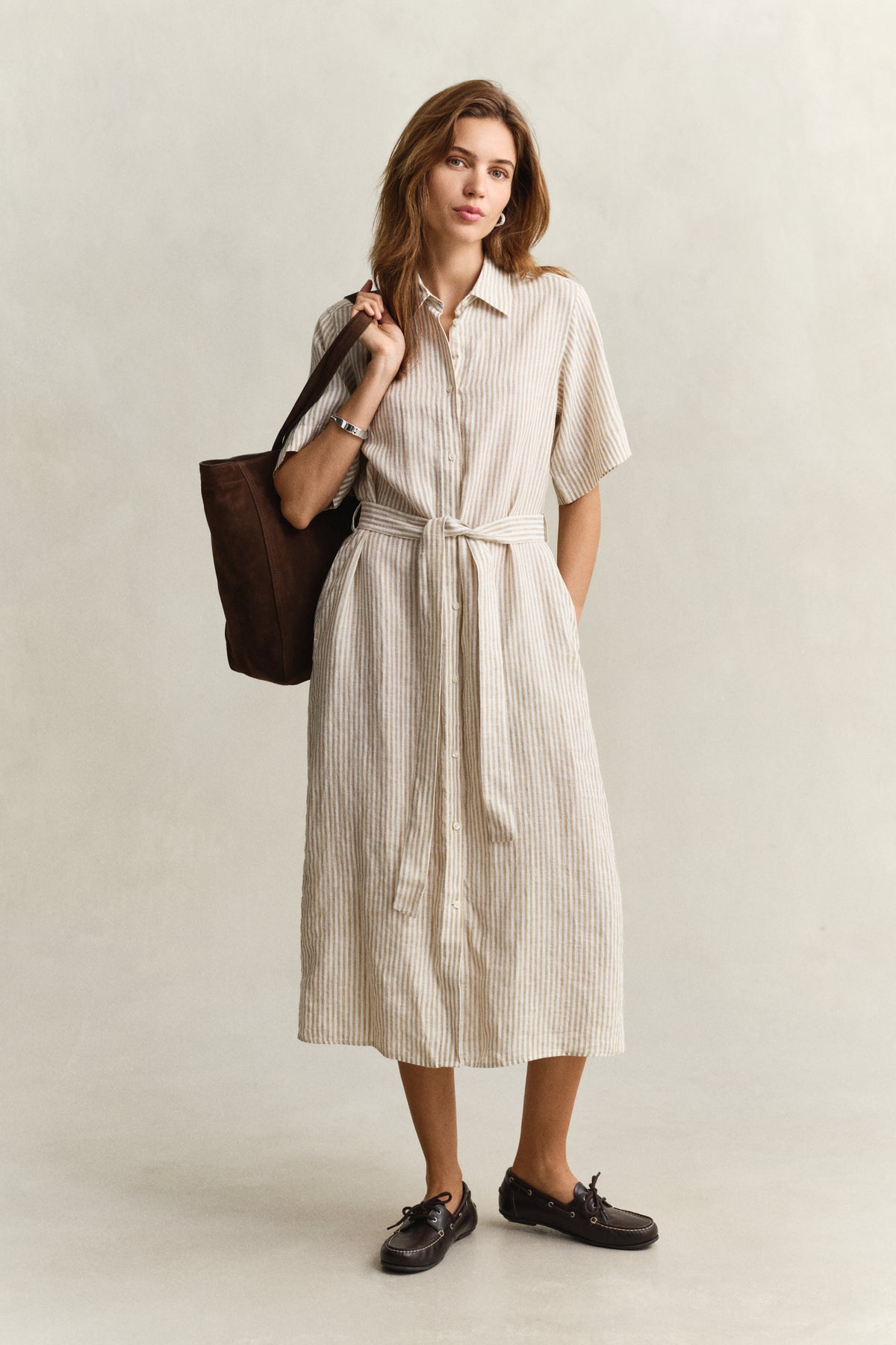 OAT BEIGE, STRIPED LINEN SS SHIRT DRESS BY GANT AU.