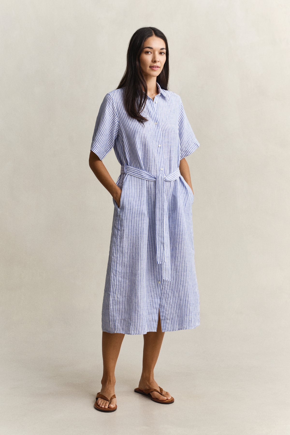 ROYAL BLUE, STRIPED LINEN SS SHIRT DRESS, CLOSE-UP BY GANT AU.