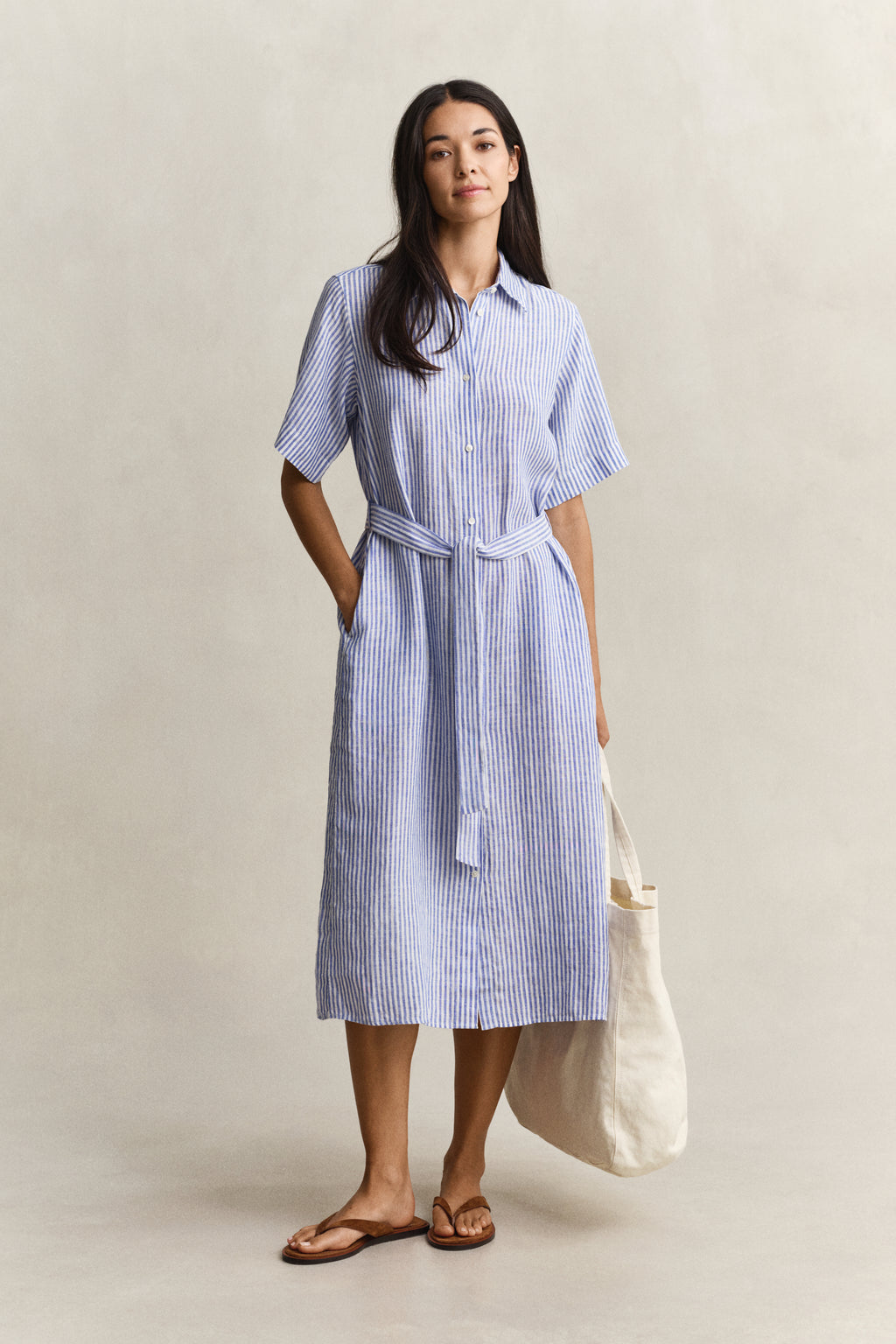ROYAL BLUE, STRIPED LINEN SS SHIRT DRESS BY GANT AU.