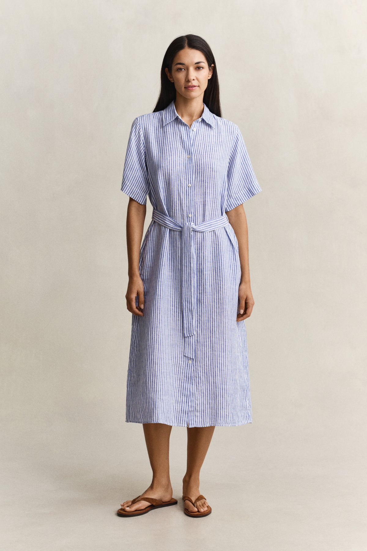ROYAL BLUE, STRIPED LINEN SS SHIRT DRESS, FRONT-VIEW BY GANT AU.
