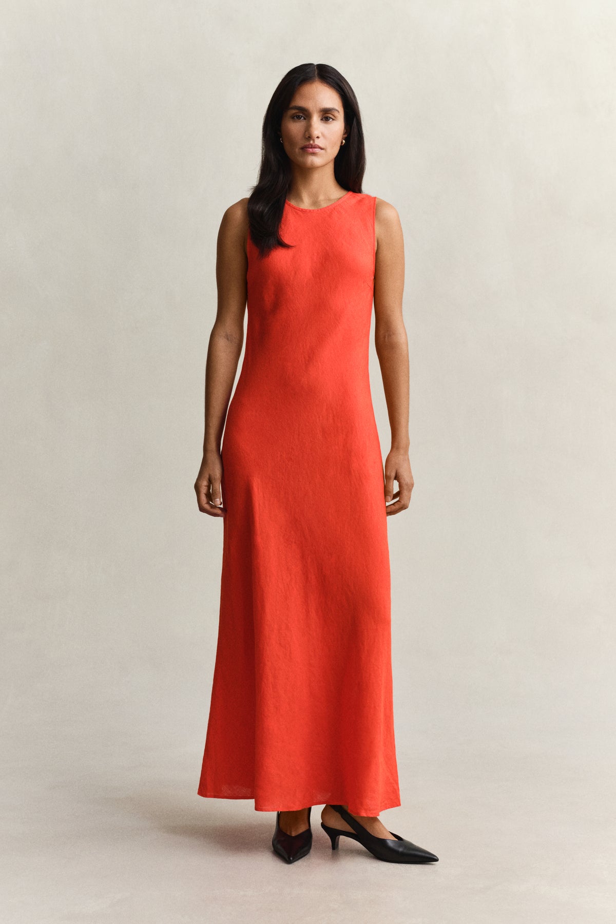 PERFECT RED, LINEN BIAS CUT MIDI DRESS BY GANT AU.