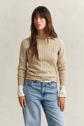 OAT BEIGE, STRETCH COTTON CABLE C-NECK, FRONT-VIEW BY GANT AU.