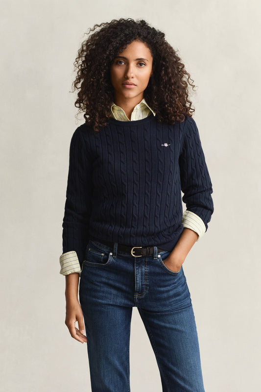 EVENING BLUE, STRETCH COTTON CABLE C-NECK BY GANT AU.