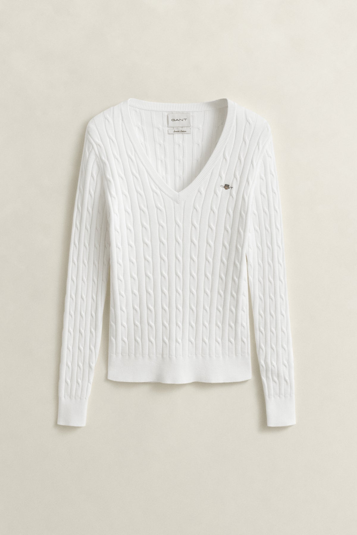 EGGSHELL, STRETCH COTTON CABLE V-NECK BY GANT AU.