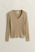 OAT BEIGE, STRETCH COTTON CABLE V-NECK, FLAT-LAY BY GANT AU.