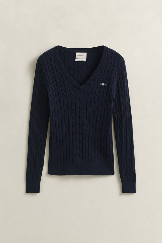EVENING BLUE, STRETCH COTTON CABLE V-NECK BY GANT AU.
