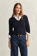 EVENING BLUE, STRETCH COTTON CABLE V-NECK BY GANT AU.