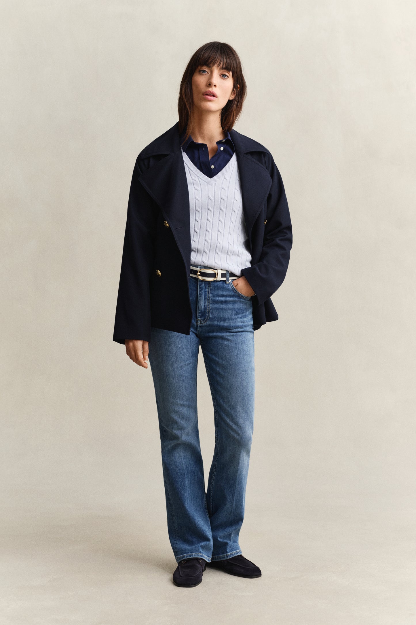 LIGHT BLUE, STRETCH COTTON CABLE V-NECK BY GANT AU.
