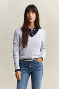 LIGHT BLUE, STRETCH COTTON CABLE V-NECK, FRONT-VIEW BY GANT AU.
