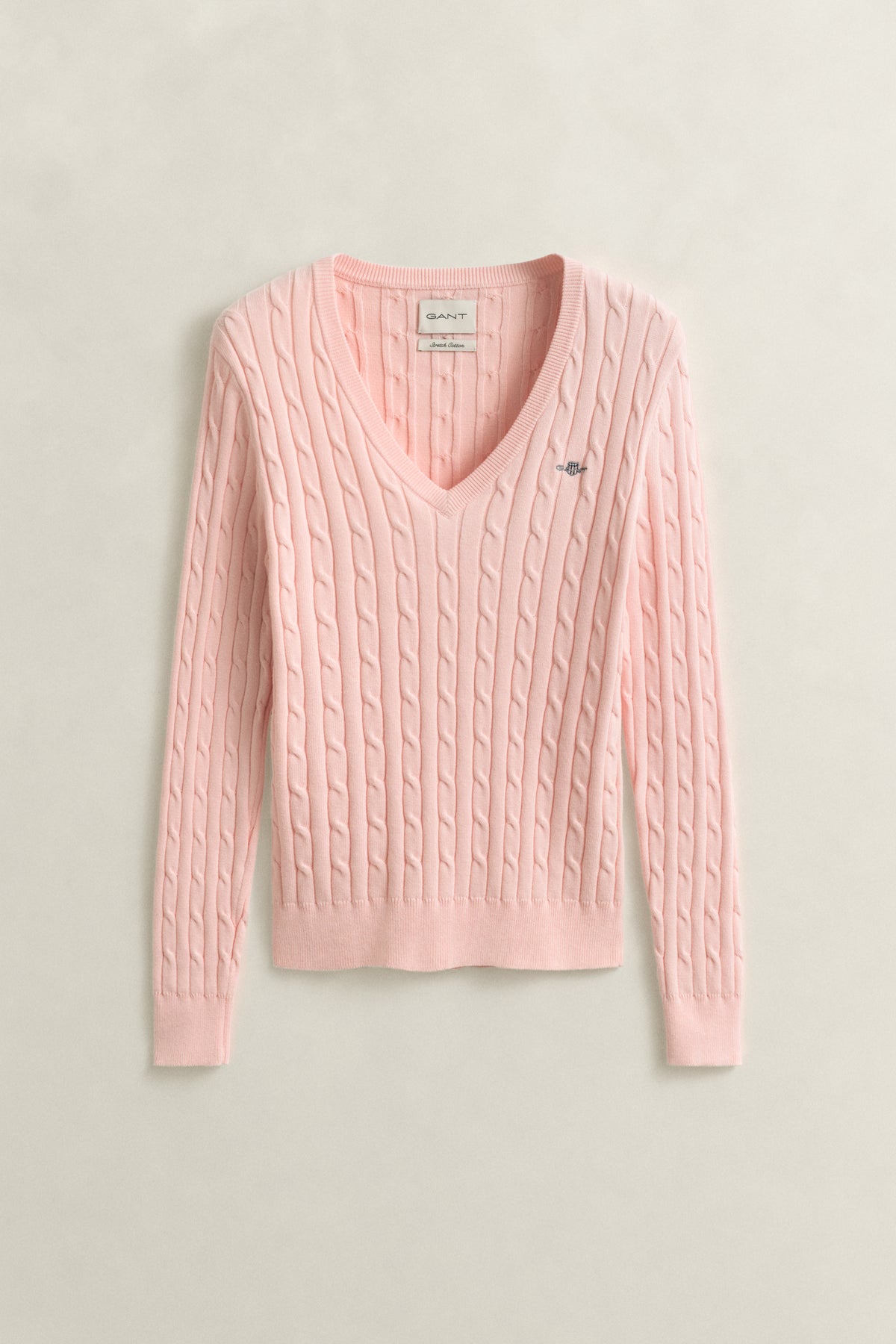 APRICOT PINK, STRETCH COTTON CABLE V-NECK, FRONT-VIEW BY GANT AU.