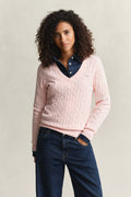 APRICOT PINK, STRETCH COTTON CABLE V-NECK BY GANT AU.