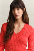PERFECT RED, STRETCH COTTON CABLE V-NECK, CLOSE-UP BY GANT AU.