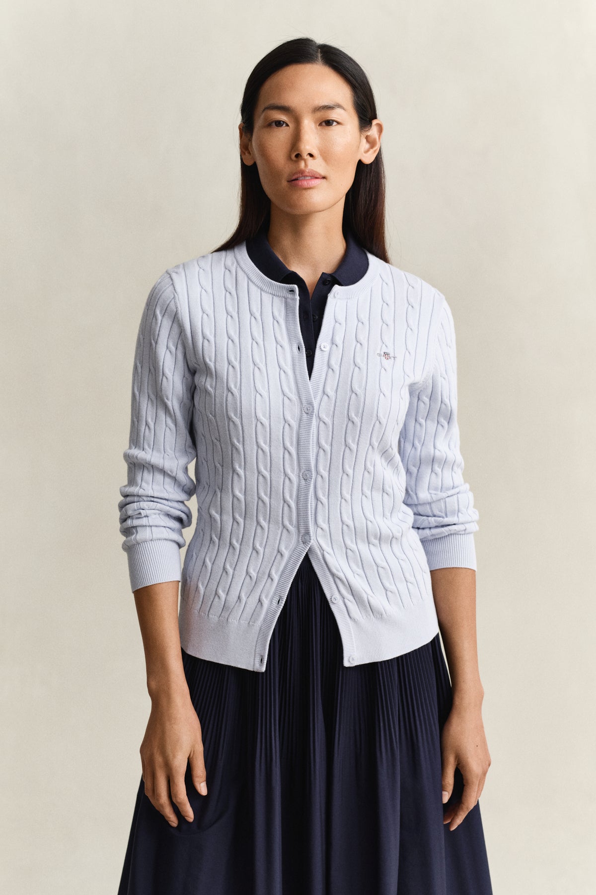 LIGHT BLUE, Stretch Cable Knit Cardigan, FRONT-VIEW BY GANT AU.