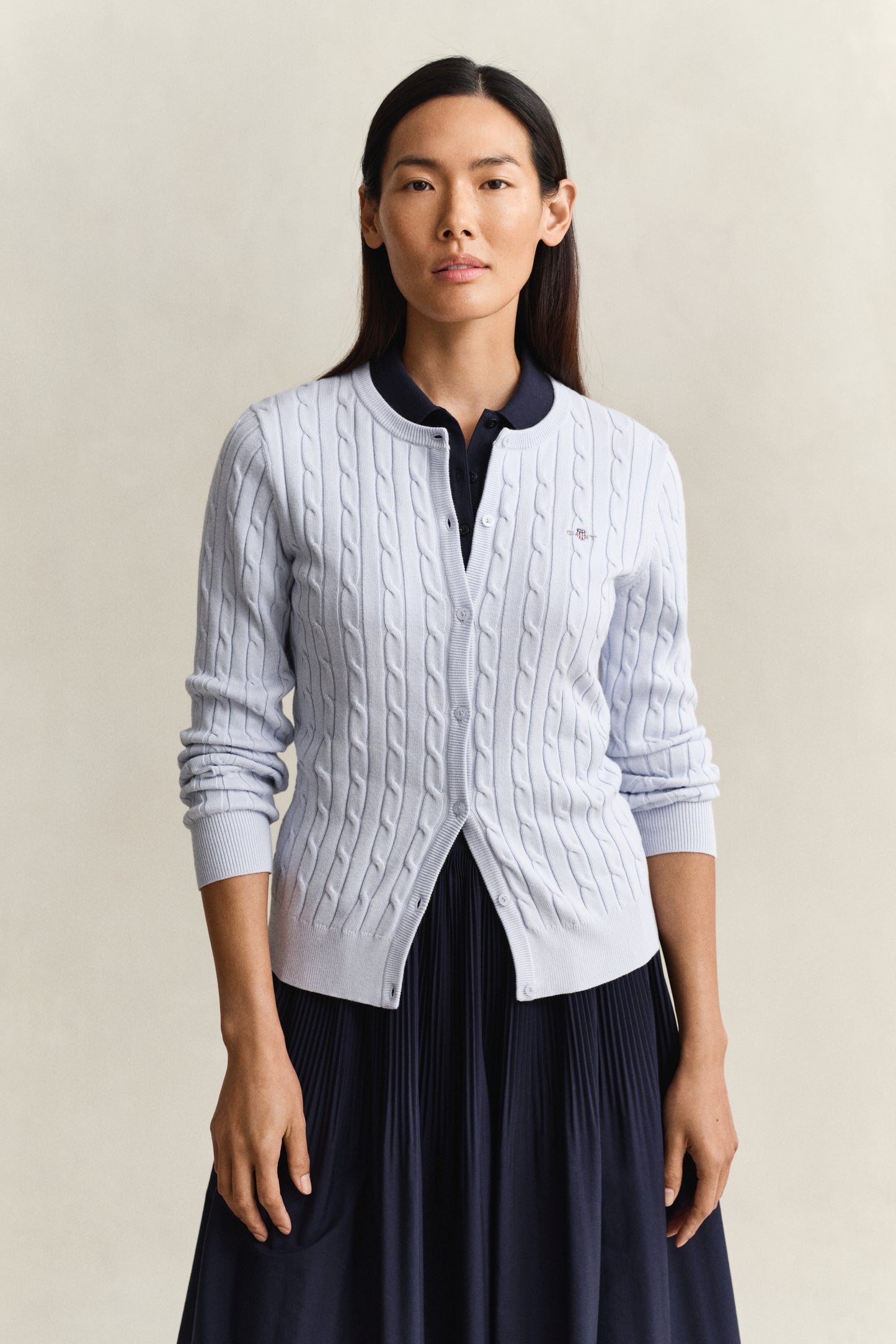 LIGHT BLUE, Stretch Cable Knit Cardigan, FRONT-VIEW BY GANT AU.