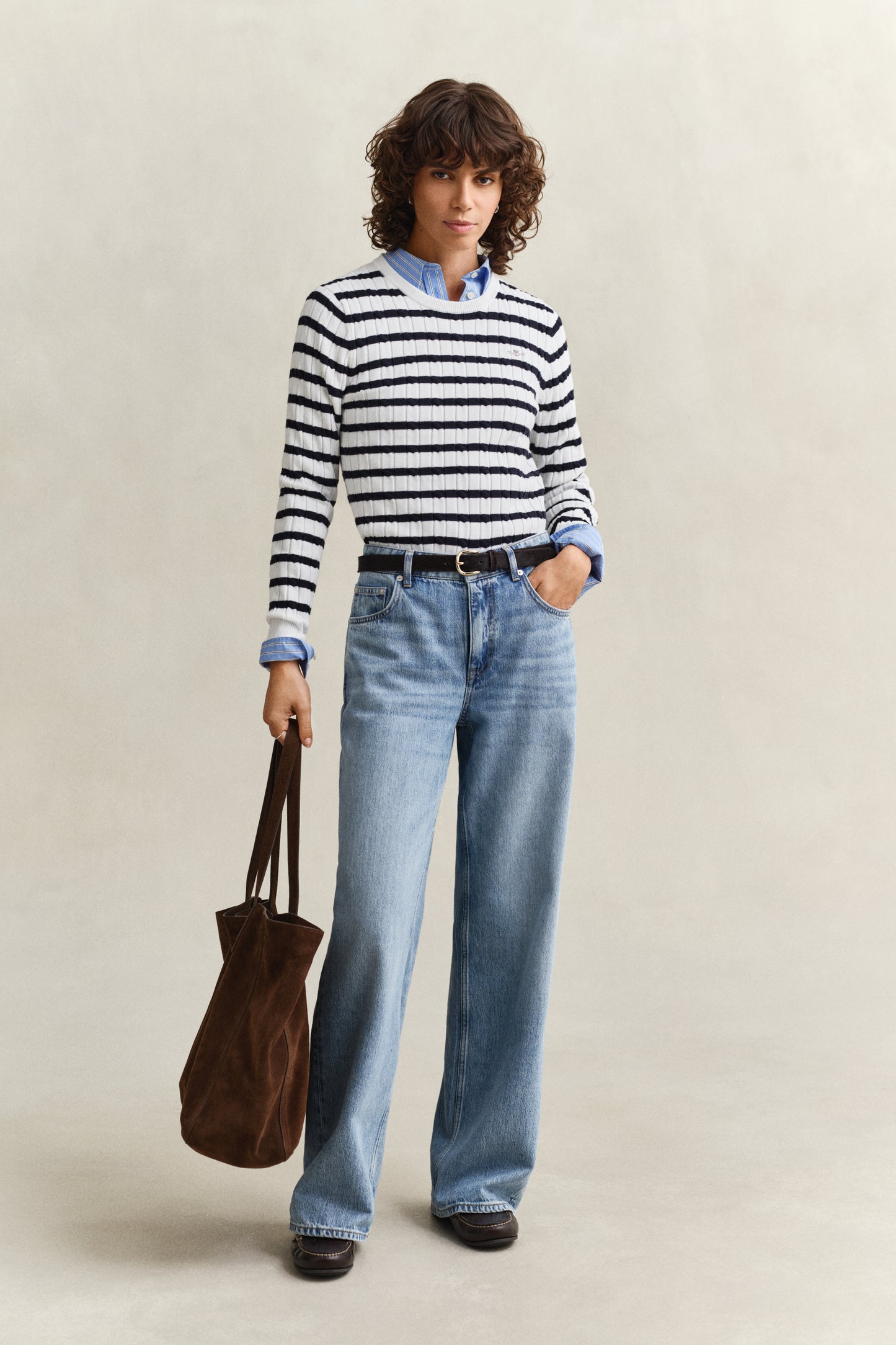 EGGSHELL, STRETCH COTTON CABLE STRIPE C-NECK BY GANT AU.
