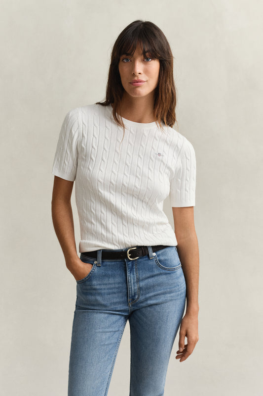 EGGSHELL, STRETCH COTTON CABLE SS C-NECK, FRONT-VIEW BY GANT AU.