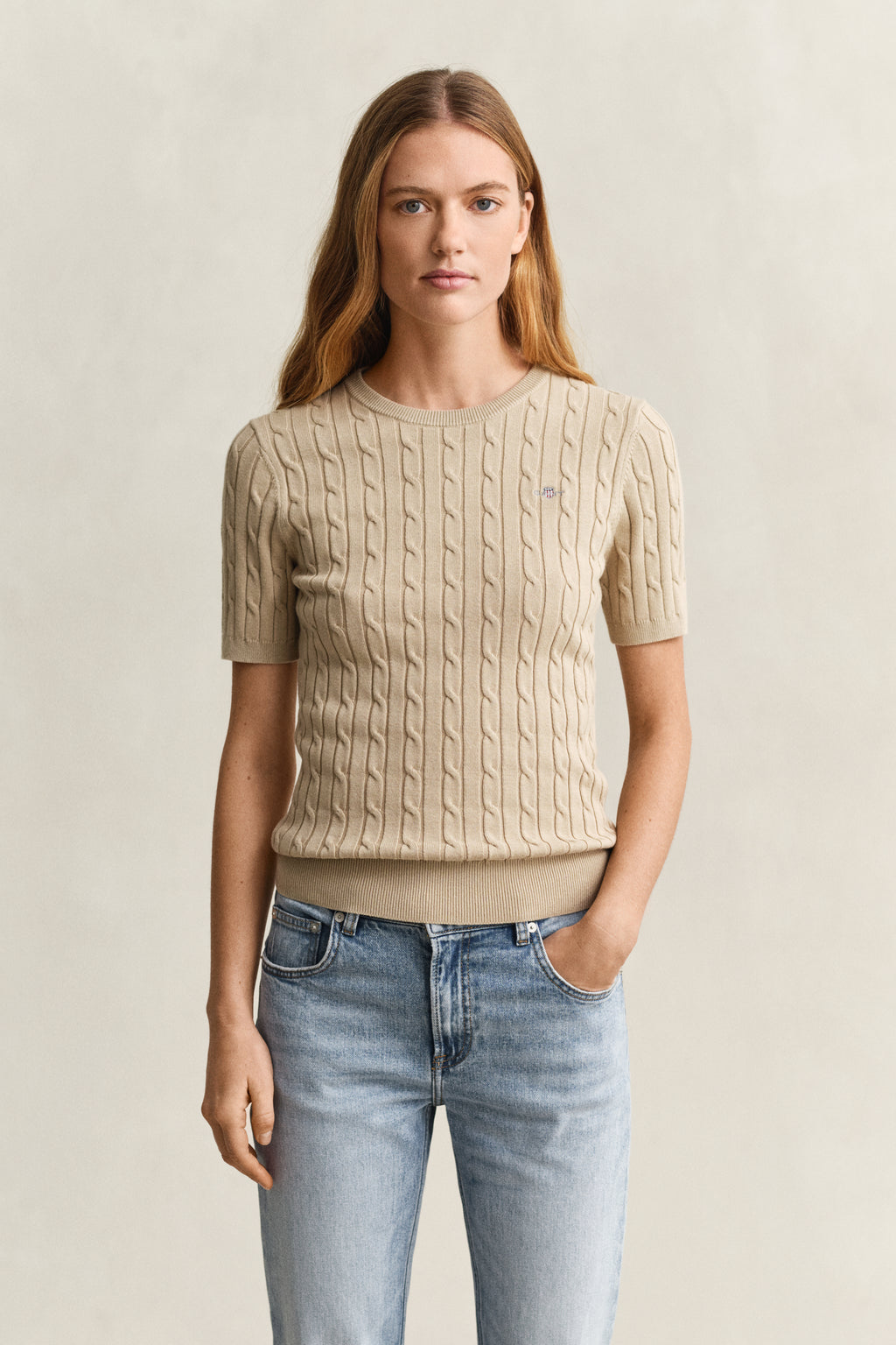 OAT BEIGE, Stretch Cable Knit Sweater, FRONT-VIEW BY GANT AU.