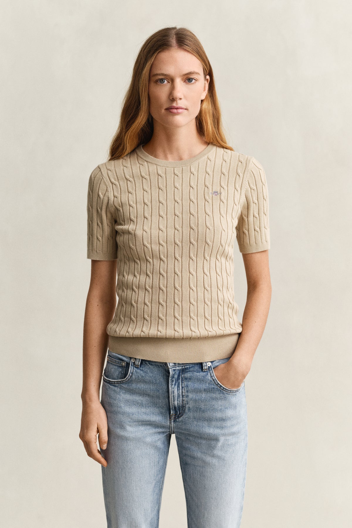 OAT BEIGE, Stretch Cable Knit Sweater, FRONT-VIEW BY GANT AU.