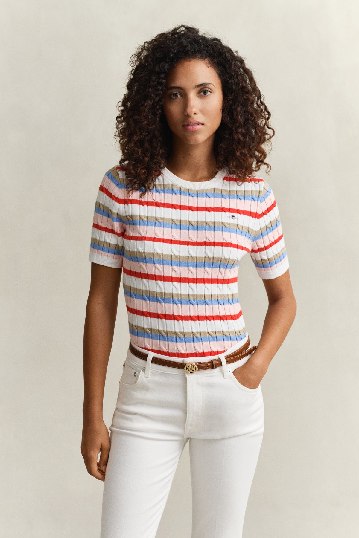 MULTICOLOR, STRETCH COTTON CABLE STRIPE SS, FRONT-VIEW BY GANT AU.