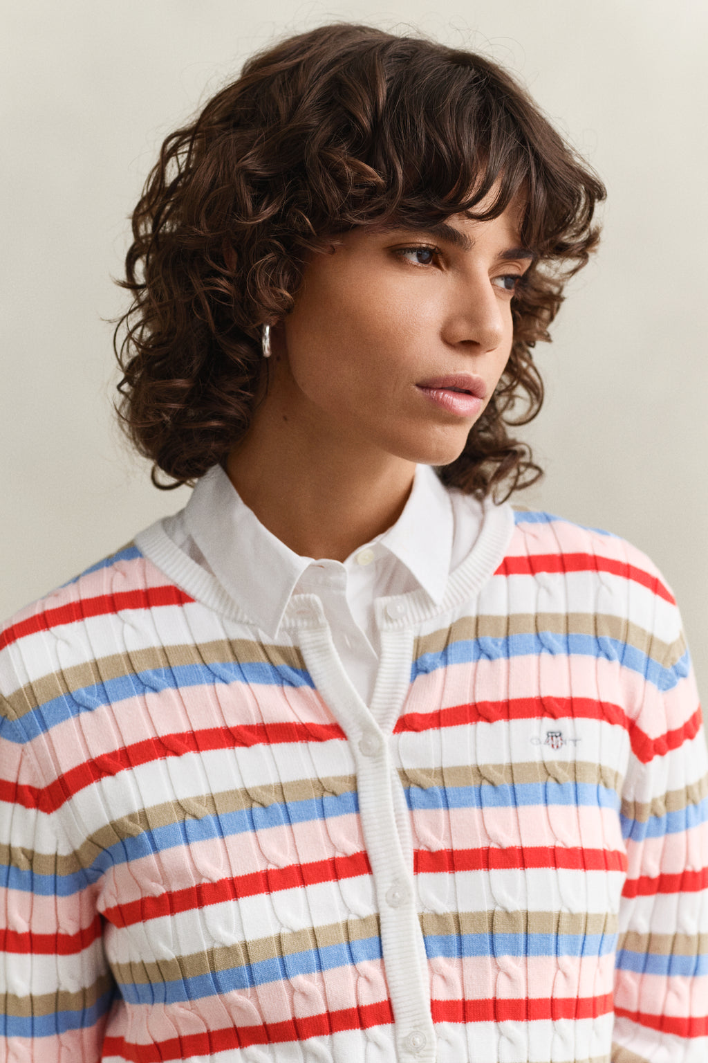 MULTICOLOR, STRETCH COTTON CABLE STRIPE CARDI, CLOSE-UP BY GANT AU.