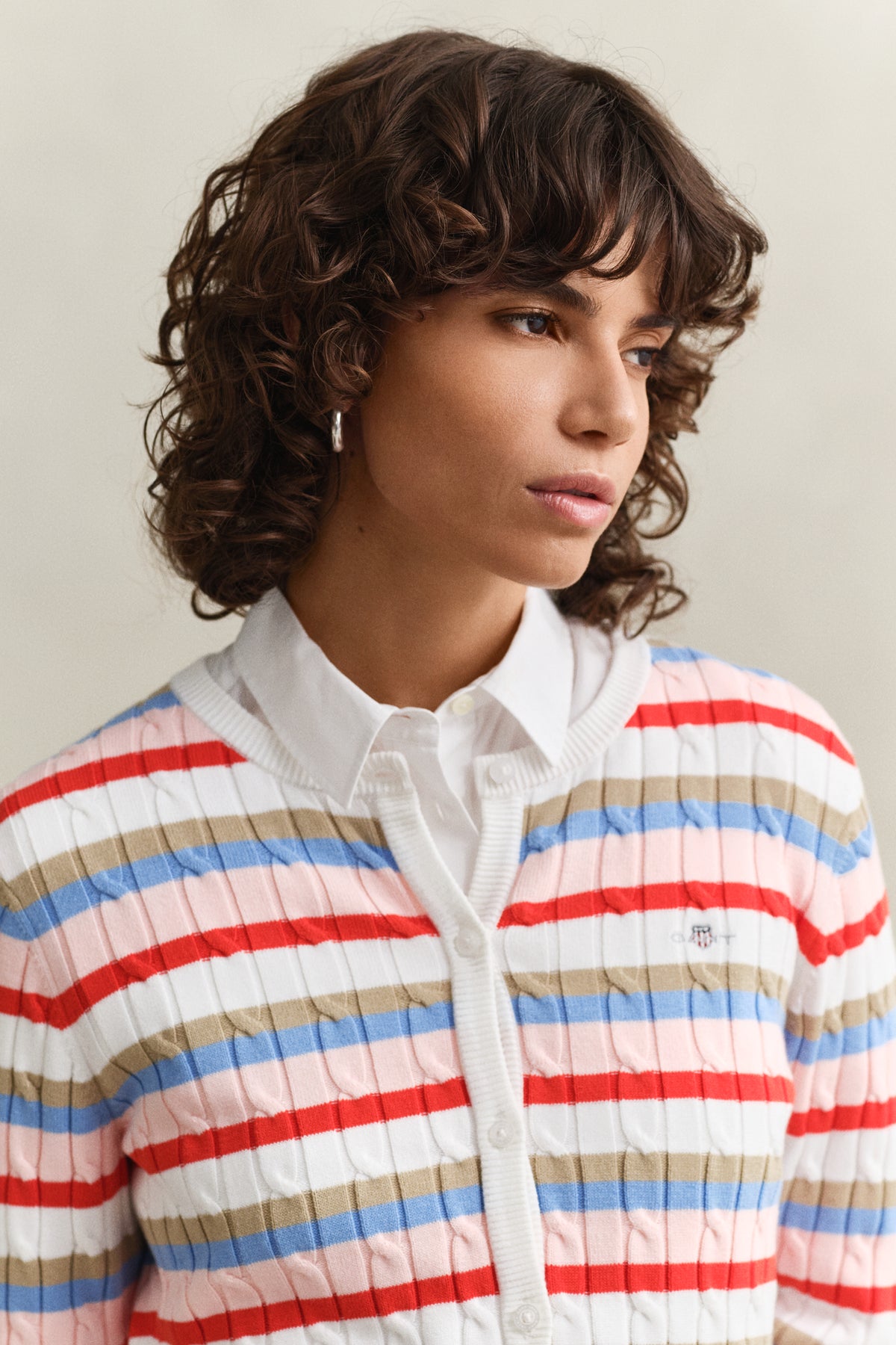 MULTICOLOR, STRETCH COTTON CABLE STRIPE CARDI, CLOSE-UP BY GANT AU.