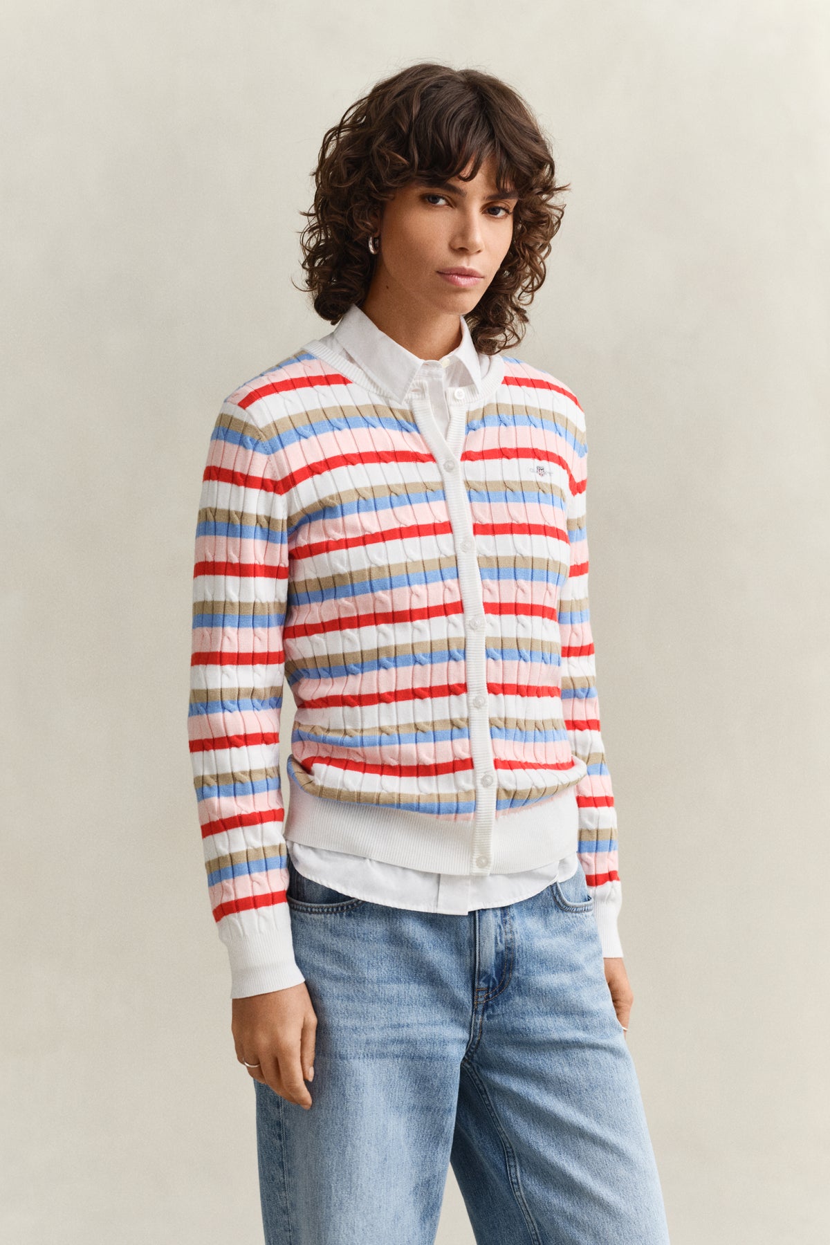 MULTICOLOR, STRETCH COTTON CABLE STRIPE CARDI, FRONT-VIEW BY GANT AU.