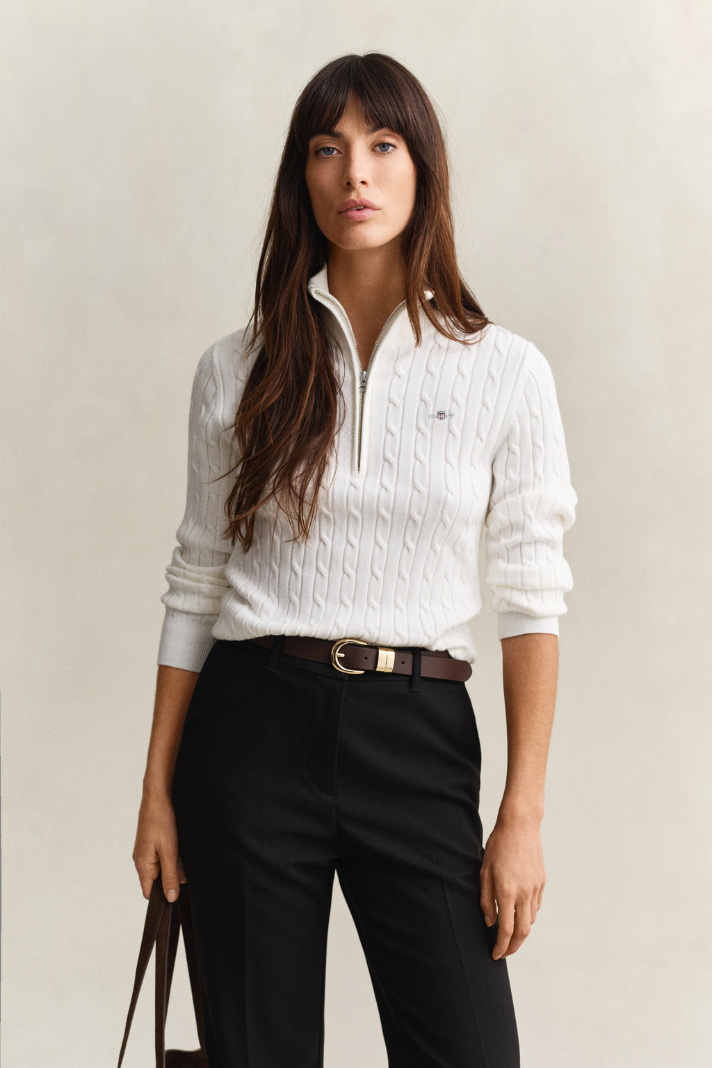 EGGSHELL, Stretch Cable Half-Zip Sweater, FRONT-VIEW BY GANT AU.
