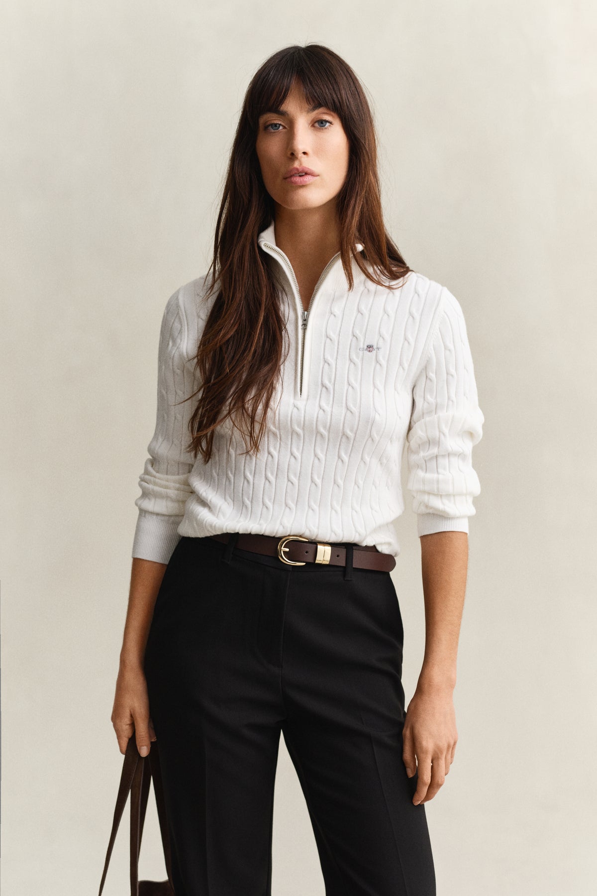 EGGSHELL, Stretch Cable Half-Zip Sweater, FRONT-VIEW BY GANT AU.