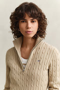 OAT BEIGE, STRETCH COTTON CABLE HALF-ZIP, CLOSE-UP BY GANT AU.