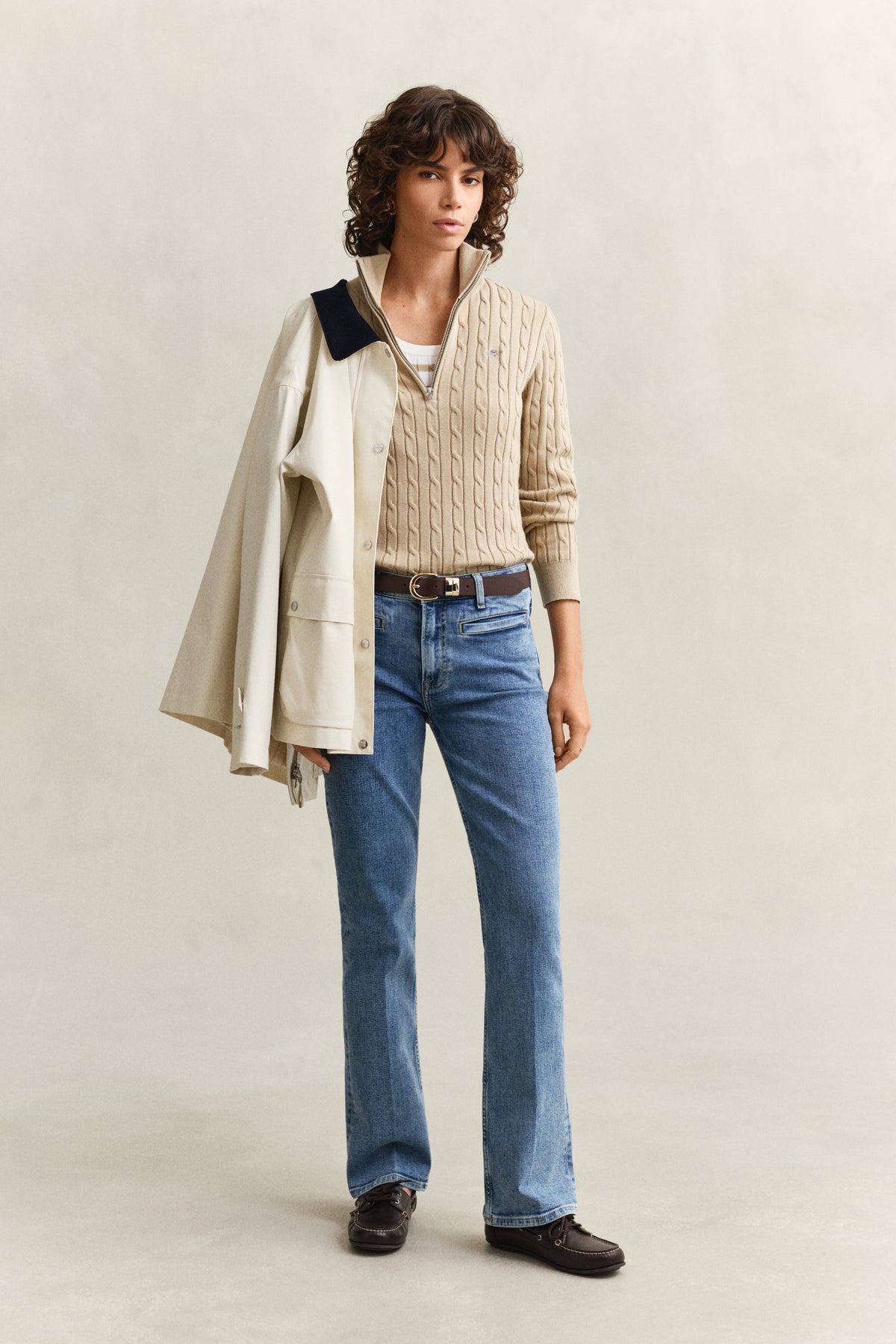 OAT BEIGE, STRETCH COTTON CABLE HALF-ZIP BY GANT AU.