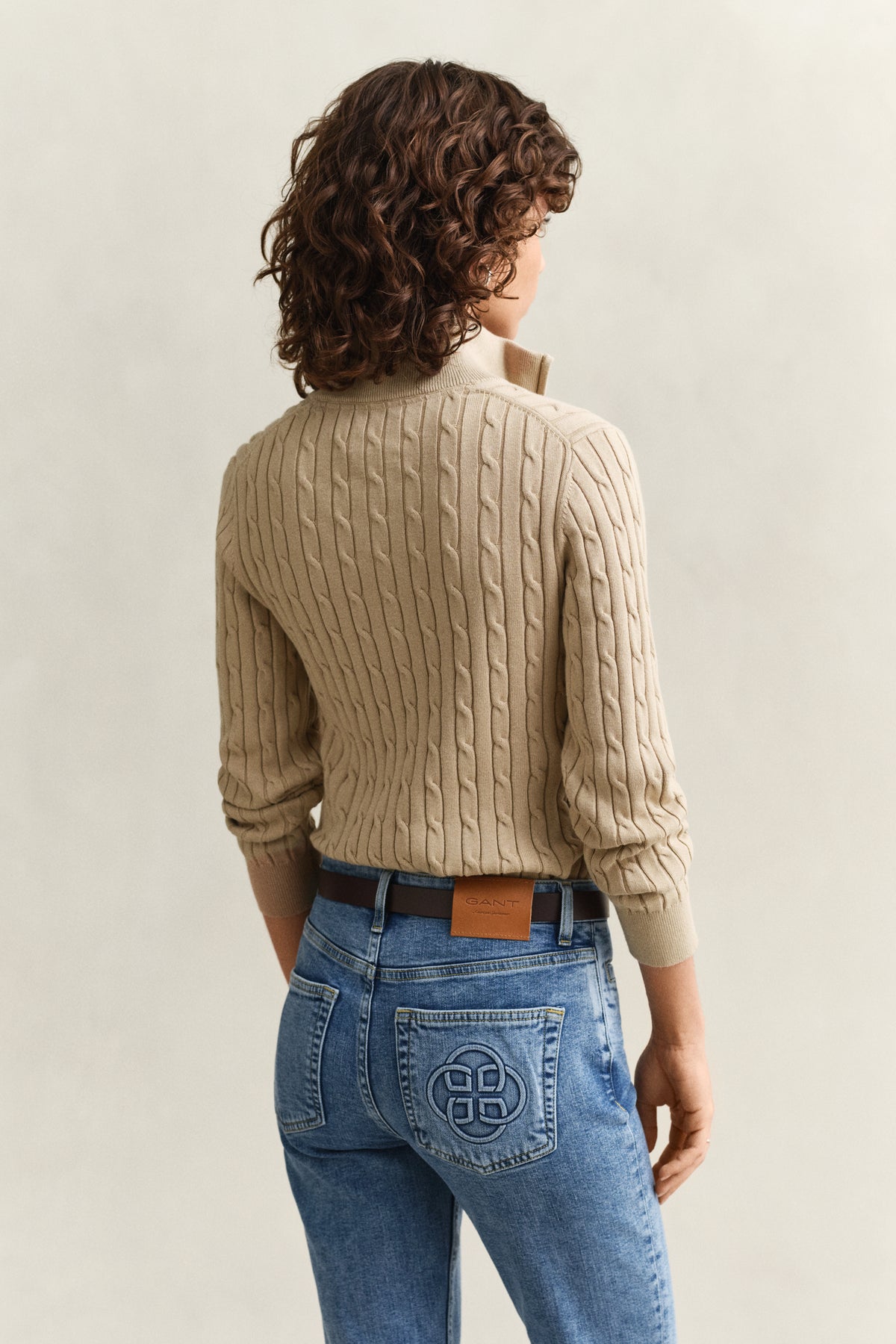 OAT BEIGE, STRETCH COTTON CABLE HALF-ZIP, BACK-VIEW BY GANT AU.