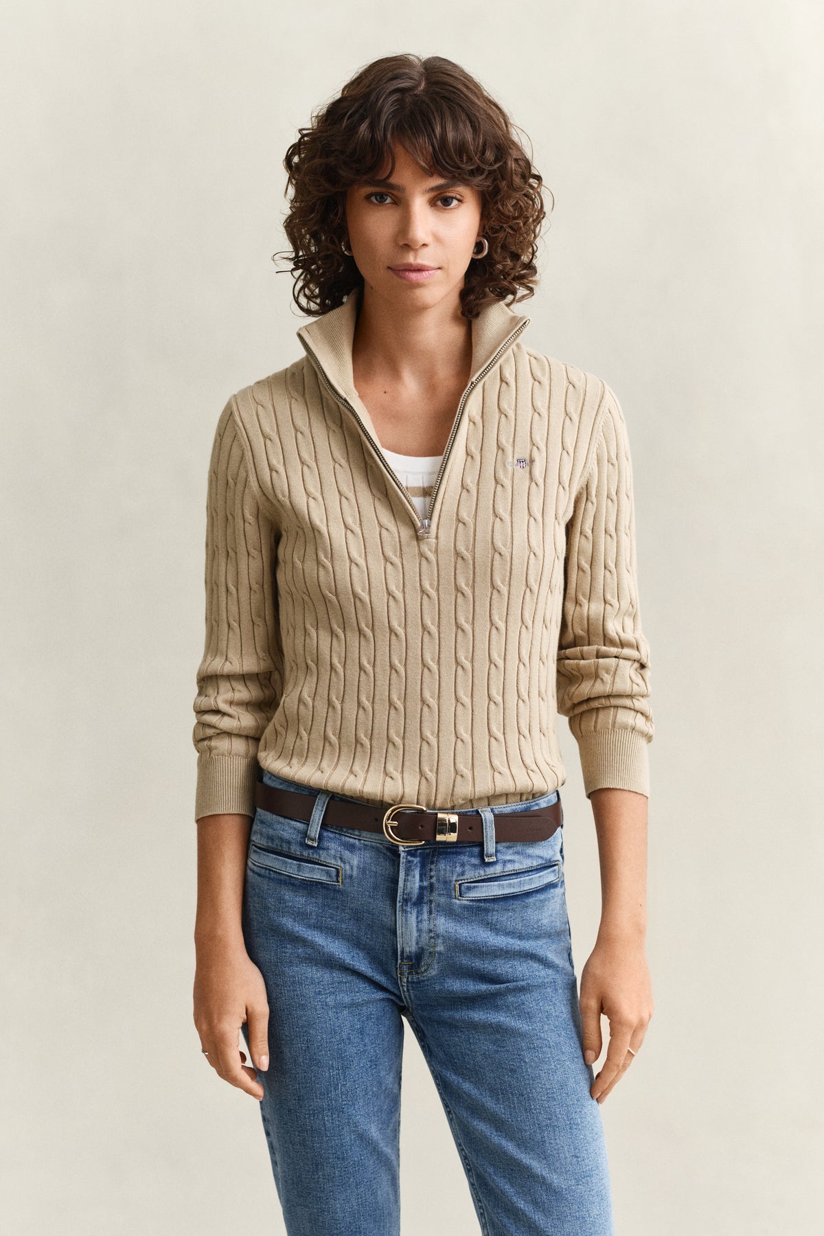 OAT BEIGE, Stretch Cable Half-Zip Sweater, FRONT-VIEW BY GANT AU.