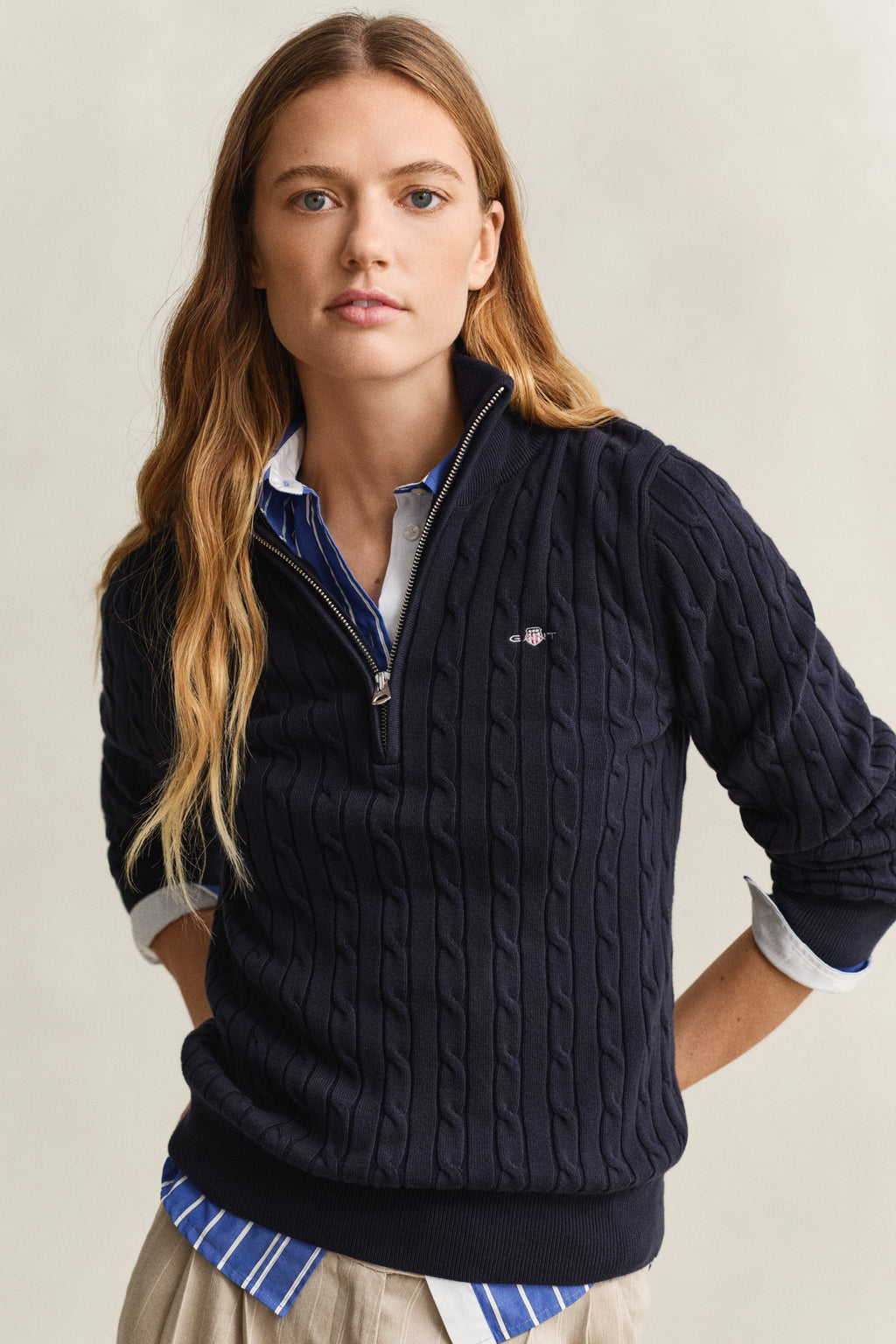 EVENING BLUE, Stretch Cable Half-Zip Sweater, CLOSE-UP BY GANT AU.