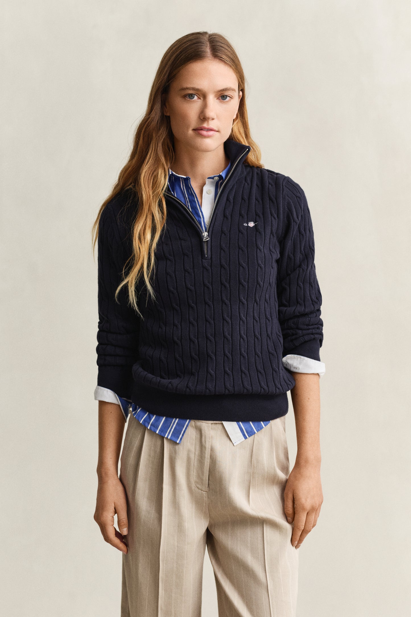 EVENING BLUE, Stretch Cable Half-Zip Sweater, FRONT-VIEW BY GANT AU.