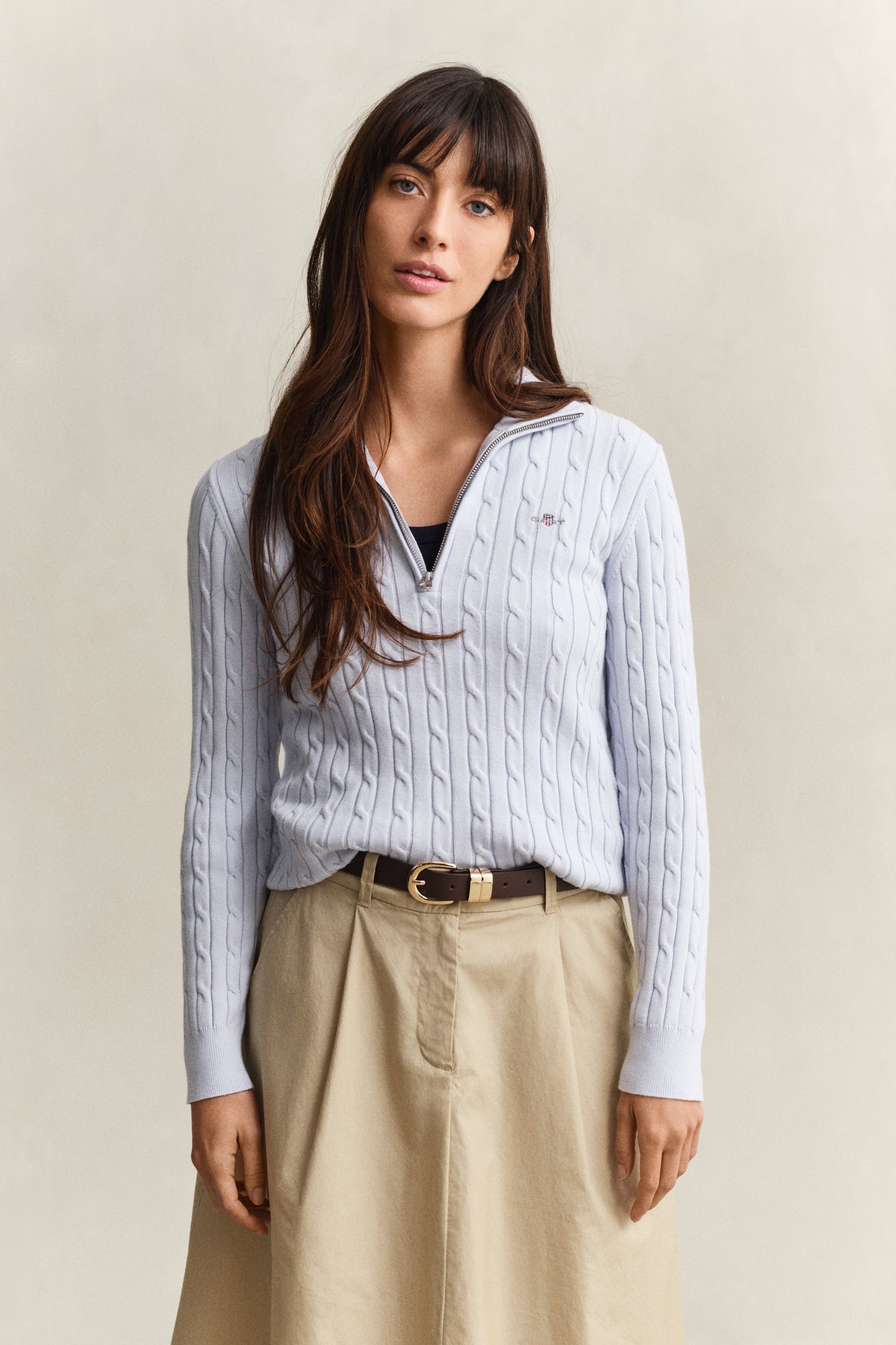 LIGHT BLUE, STRETCH COTTON CABLE HALF-ZIP, FRONT-VIEW BY GANT AU.